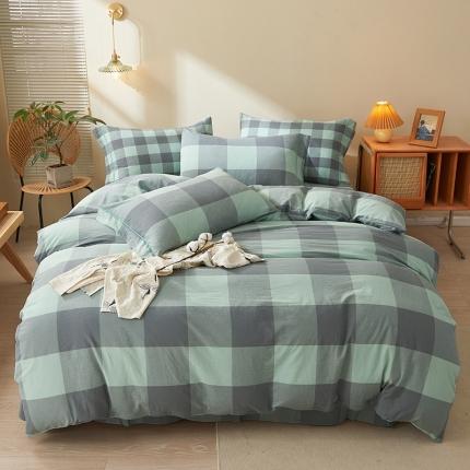 91家纺网 家纺一手货源 找家纺 （总）三沁 2024新款AAA版直播爆款纯棉全棉色织水洗棉简约格子式四件套（床单圆角荷叶边）