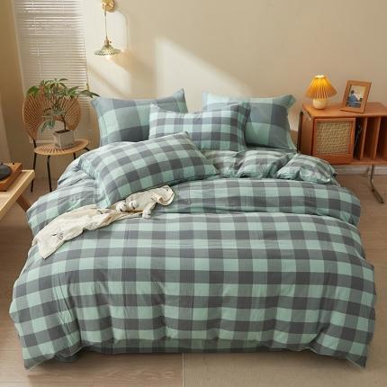 91家纺网 家纺一手货源 找家纺 （总）三沁 2024新款AAA版直播爆款纯棉全棉色织水洗棉简约格子式四件套（床单圆角荷叶边）