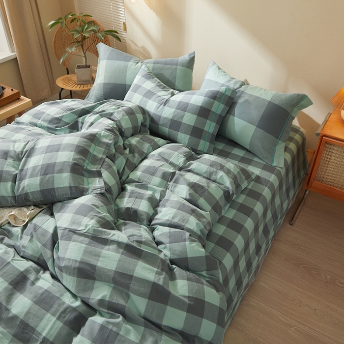 91家纺网 家纺一手货源 找家纺 三沁家居家居 2022新款格子色织水洗棉全棉四件套云尚绿中格