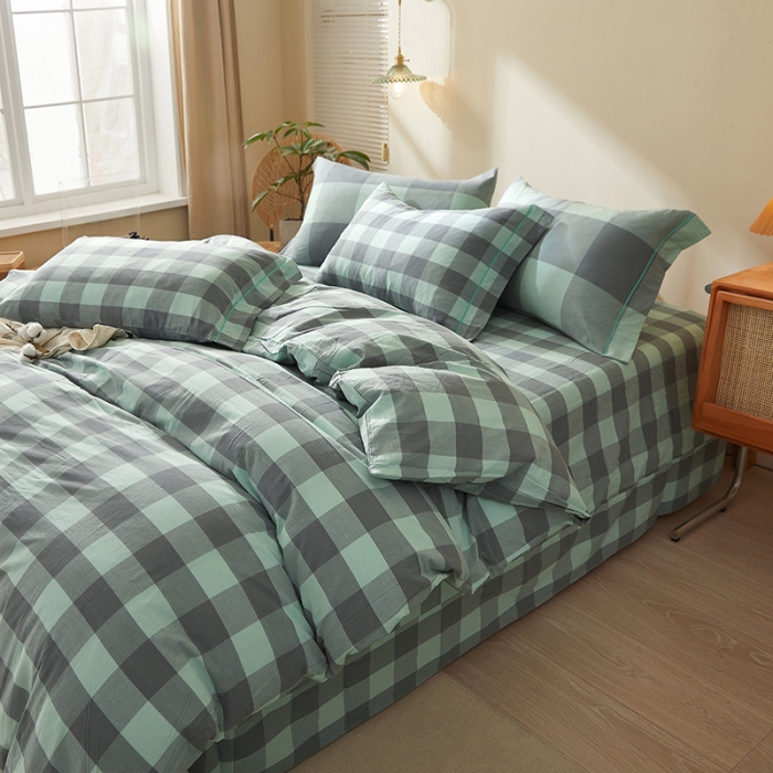 91家纺网 家纺一手货源 找家纺 三沁家居家居 2022新款格子色织水洗棉全棉四件套云尚绿中格