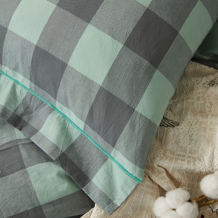 91家纺网 家纺一手货源 找家纺 三沁家居家居 2022新款格子色织水洗棉全棉四件套云尚绿中格