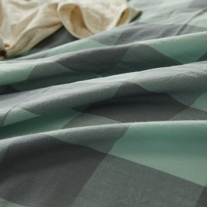 91家纺网 家纺一手货源 找家纺 三沁家居家居 2022新款格子色织水洗棉全棉四件套云尚绿中格