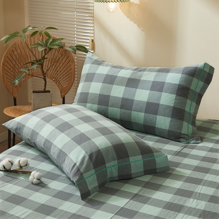 91家纺网 家纺一手货源 找家纺 三沁家居家居 2022新款格子色织水洗棉全棉四件套云尚绿中格