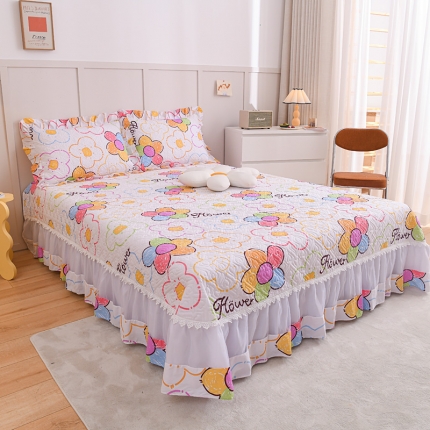 91家纺网 家纺一手货源 找家纺 仙女风欧根纱全棉床盖四件套 蕾丝花边夹棉纯棉三件套加棉床裙