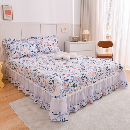 91家纺网 家纺一手货源 找家纺 仙女风欧根纱全棉床盖四件套 蕾丝花边夹棉纯棉三件套加棉床裙