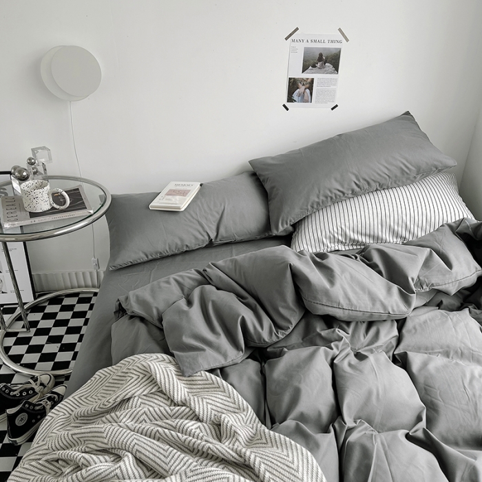 91家纺网 家纺一手货源 找家纺 优迈 新款纯色水洗棉磨毛四件套-单被套枕套床笠 纯色深灰