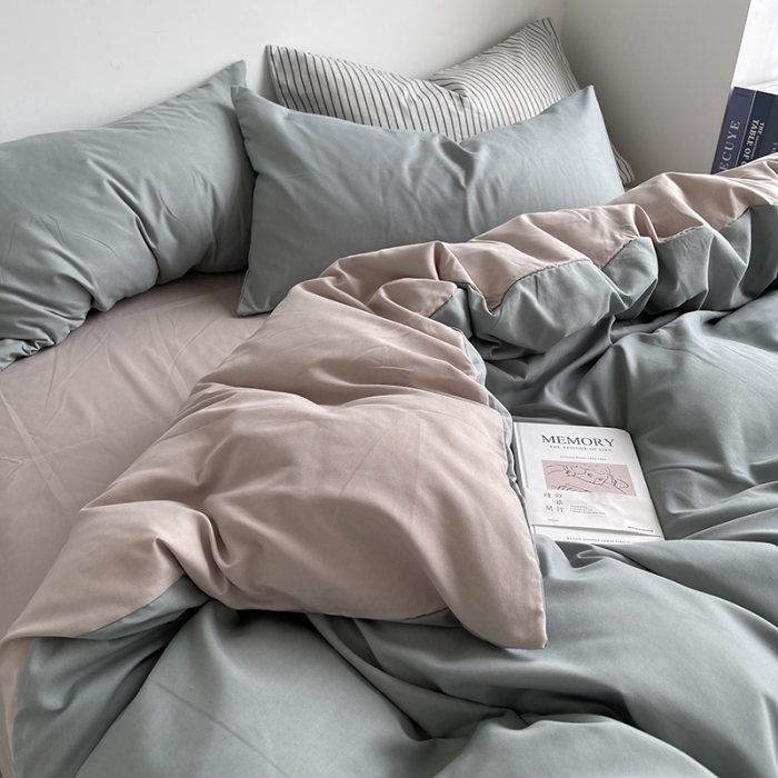 91家纺网 家纺一手货源 找家纺 优迈 新款纯色水洗棉磨毛四件套-单被套枕套床笠双拼-抹茶卡其