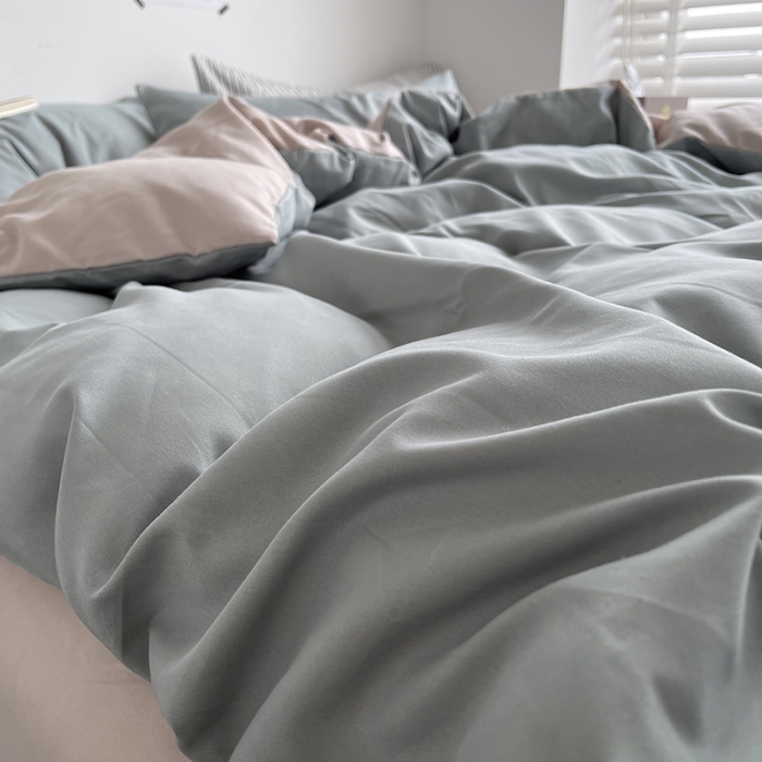 91家纺网 家纺一手货源 找家纺 优迈 新款纯色水洗棉磨毛四件套-单被套枕套床笠双拼-抹茶卡其