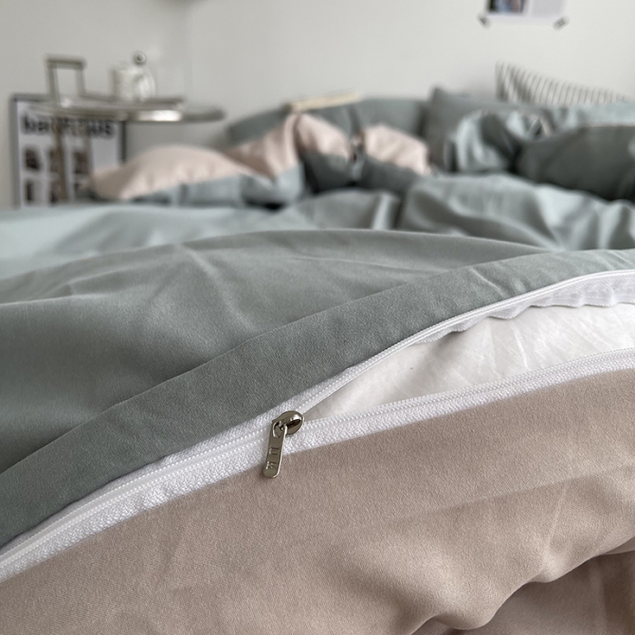 91家纺网 家纺一手货源 找家纺 优迈 新款纯色水洗棉磨毛四件套-单被套枕套床笠双拼-抹茶卡其
