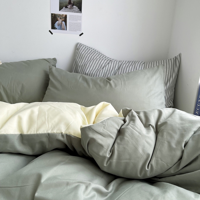 91家纺网 家纺一手货源 找家纺 优迈 新款纯色水洗棉磨毛四件套-单被套枕套床笠双拼-抹茶芝士