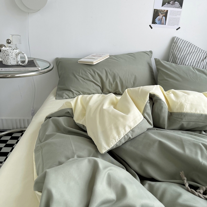 91家纺网 家纺一手货源 找家纺 优迈 新款纯色水洗棉磨毛四件套-单被套枕套床笠双拼-抹茶芝士
