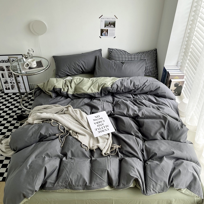 91家纺网 家纺一手货源 找家纺 优迈 新款纯色水洗棉磨毛四件套-单被套枕套床笠双拼-深灰抹茶