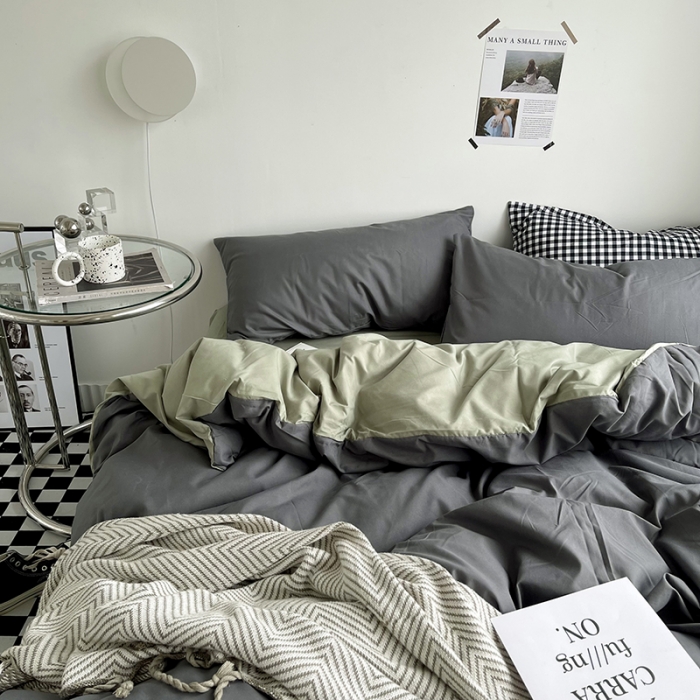 91家纺网 家纺一手货源 找家纺 优迈 新款纯色水洗棉磨毛四件套-单被套枕套床笠双拼-深灰抹茶