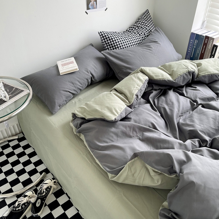 91家纺网 家纺一手货源 找家纺 优迈 新款纯色水洗棉磨毛四件套-单被套枕套床笠双拼-深灰抹茶