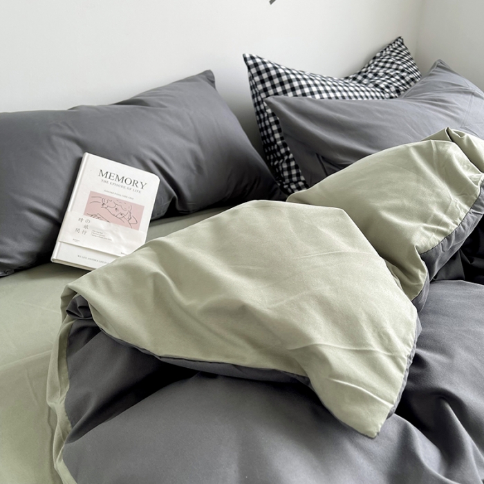 91家纺网 家纺一手货源 找家纺 优迈 新款纯色水洗棉磨毛四件套-单被套枕套床笠双拼-深灰抹茶