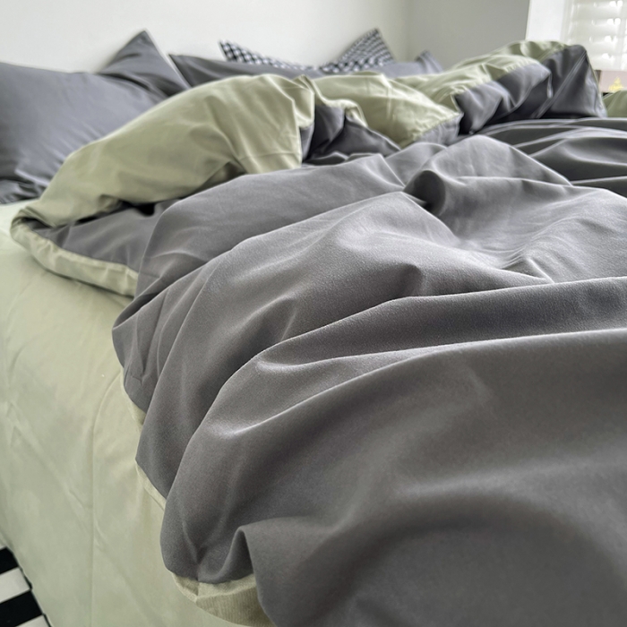 91家纺网 家纺一手货源 找家纺 优迈 新款纯色水洗棉磨毛四件套-单被套枕套床笠双拼-深灰抹茶