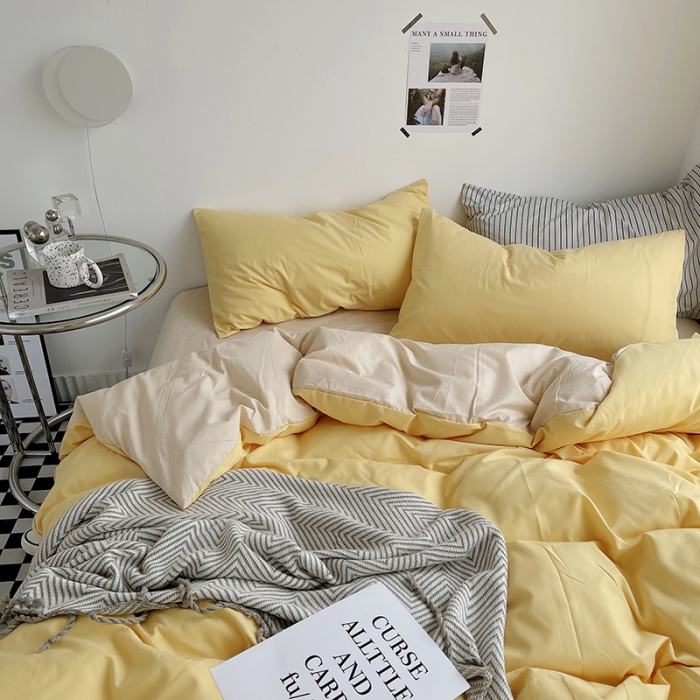 91家纺网 家纺一手货源 找家纺 优迈 新款纯色水洗棉磨毛四件套-单被套枕套床笠双拼-炭烤起司