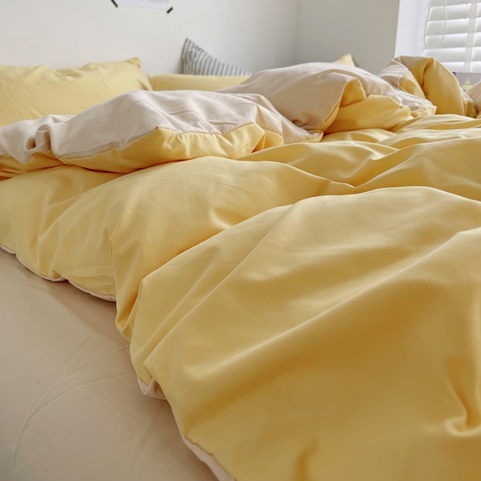 91家纺网 家纺一手货源 找家纺 优迈 新款纯色水洗棉磨毛四件套-单被套枕套床笠双拼-炭烤起司