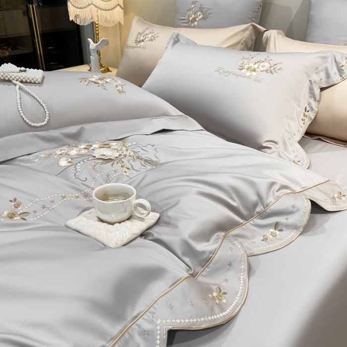 91家纺网 家纺一手货源 找家纺 品家居 2025新款180支长绒棉绣花四件套露珠 露珠-紫灰