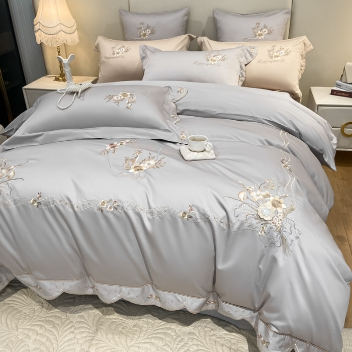 91家纺网 家纺一手货源 找家纺 品家居 2025新款180支长绒棉绣花四件套露珠 露珠-紫灰