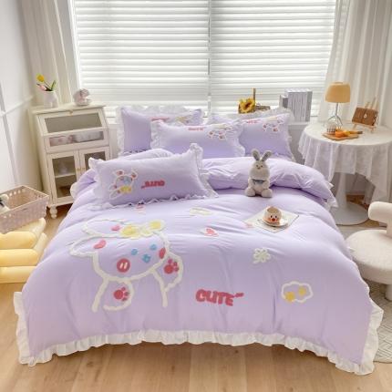 91家纺网 家纺一手货源 找家纺 泉欣 2024新款网红水洗棉毛巾绣韩版四件套可爱兔可爱兔-紫