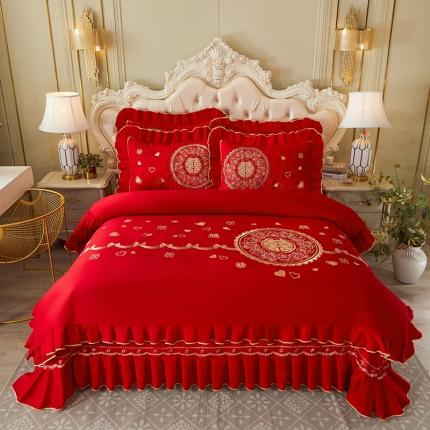 91家纺网 家纺一手货源 找家纺 宜凡 2022新款绣花婚庆全棉夹棉床盖款四件套 相濡以沫