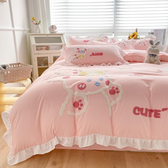 91家纺网 家纺一手货源 找家纺 （总）泉欣 2024新款网红水洗棉毛巾绣韩版四件套可爱兔