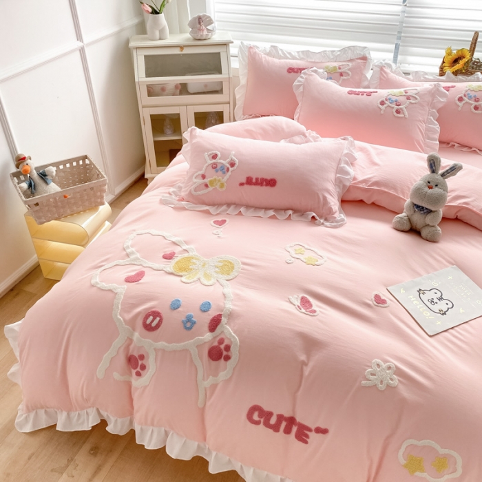 91家纺网 家纺一手货源 找家纺 （总）泉欣 2024新款网红水洗棉毛巾绣韩版四件套可爱兔