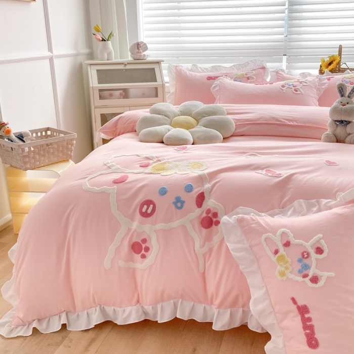 91家纺网 家纺一手货源 找家纺 （总）泉欣 2024新款网红水洗棉毛巾绣韩版四件套可爱兔