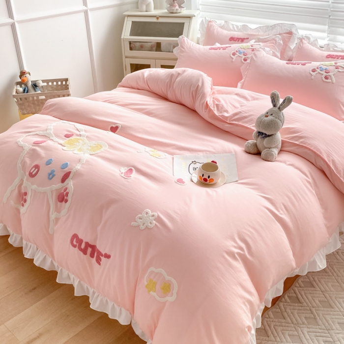 91家纺网 家纺一手货源 找家纺 （总）泉欣 2024新款网红水洗棉毛巾绣韩版四件套可爱兔