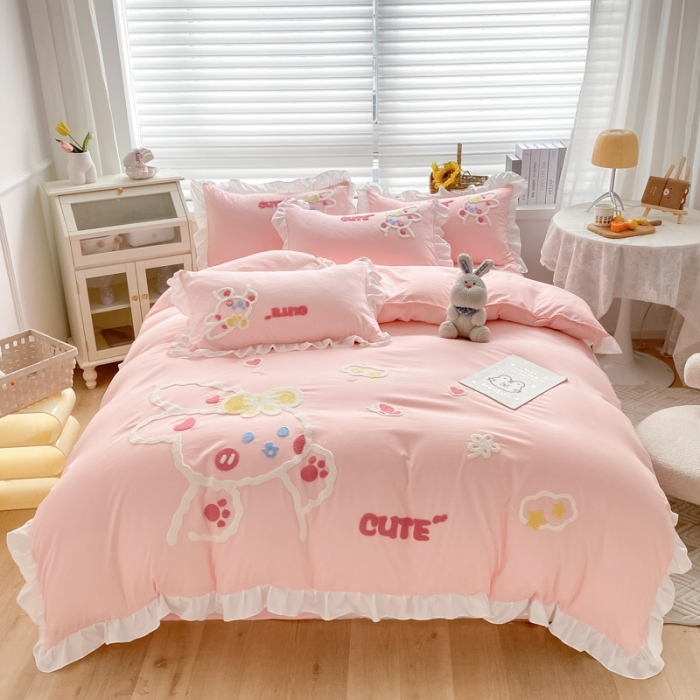 91家纺网 家纺一手货源 找家纺 泉欣 2024新款网红水洗棉毛巾绣韩版四件套可爱兔可爱兔-粉