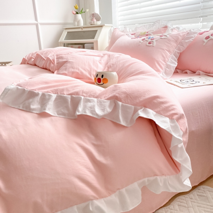 91家纺网 家纺一手货源 找家纺 泉欣 2024新款网红水洗棉毛巾绣韩版四件套可爱兔可爱兔-粉