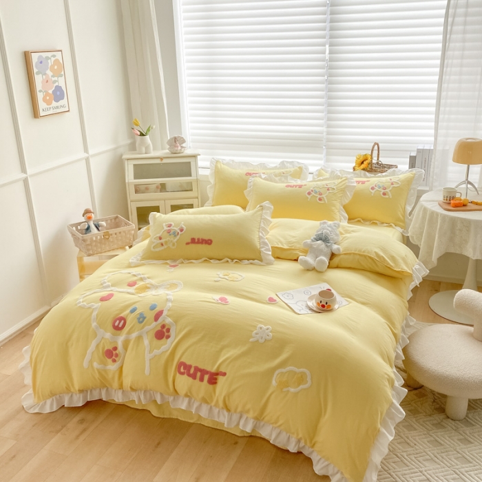 91家纺网 家纺一手货源 找家纺 泉欣 2024新款网红水洗棉毛巾绣韩版四件套可爱兔可爱兔-黄