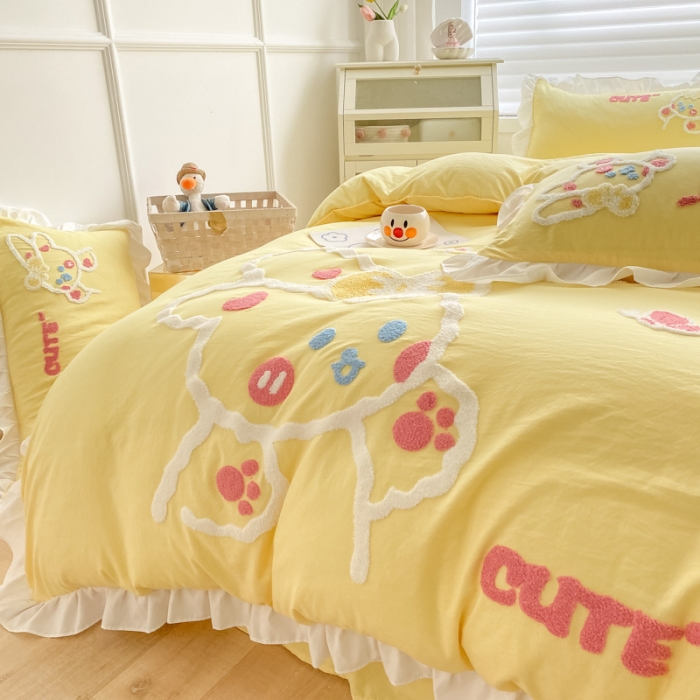 91家纺网 家纺一手货源 找家纺 泉欣 2024新款网红水洗棉毛巾绣韩版四件套可爱兔可爱兔-黄