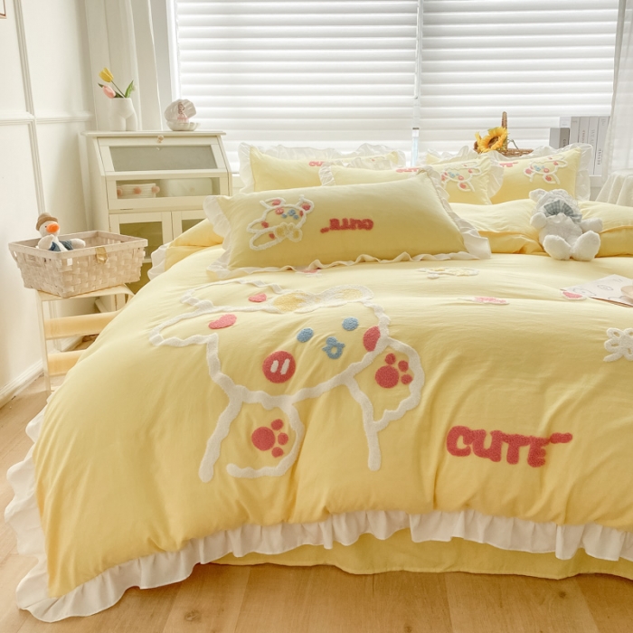 91家纺网 家纺一手货源 找家纺 泉欣 2024新款网红水洗棉毛巾绣韩版四件套可爱兔可爱兔-黄