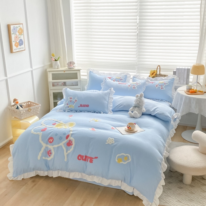 91家纺网 家纺一手货源 找家纺 泉欣 2024新款网红水洗棉毛巾绣韩版四件套可爱兔可爱兔-蓝