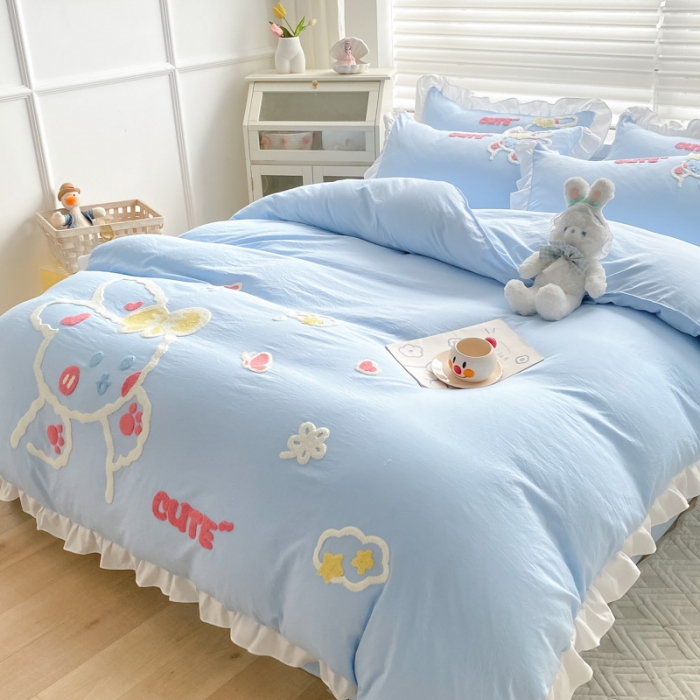 91家纺网 家纺一手货源 找家纺 泉欣 2024新款网红水洗棉毛巾绣韩版四件套可爱兔可爱兔-蓝