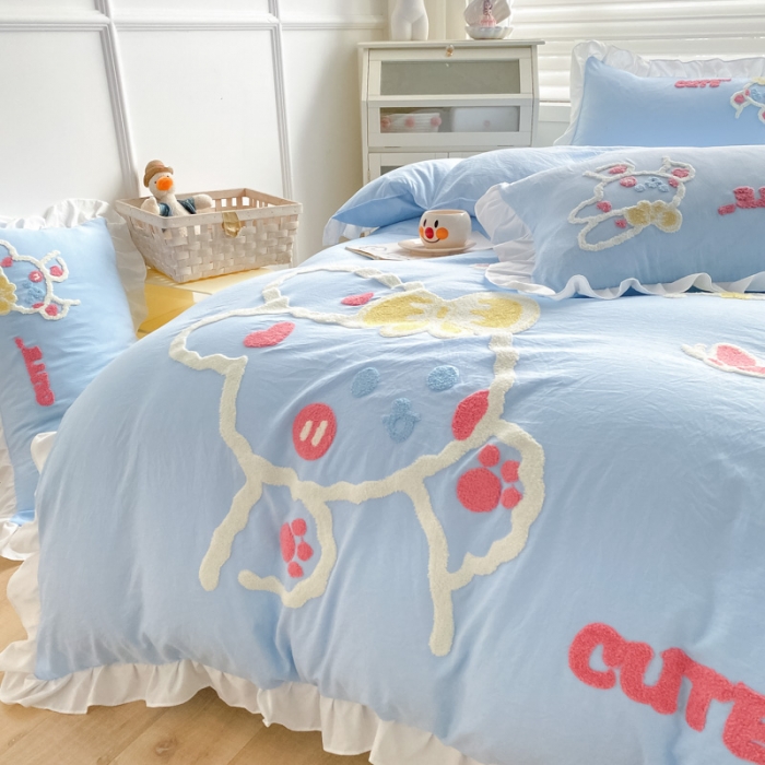 91家纺网 家纺一手货源 找家纺 泉欣 2024新款网红水洗棉毛巾绣韩版四件套可爱兔可爱兔-蓝