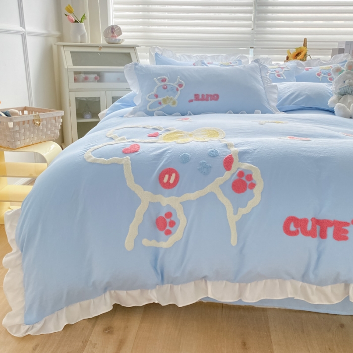 91家纺网 家纺一手货源 找家纺 泉欣 2024新款网红水洗棉毛巾绣韩版四件套可爱兔可爱兔-蓝