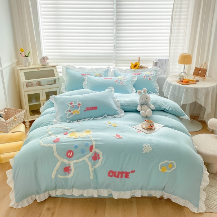 91家纺网 家纺一手货源 找家纺 泉欣 2024新款网红水洗棉毛巾绣韩版四件套可爱兔可爱兔-绿