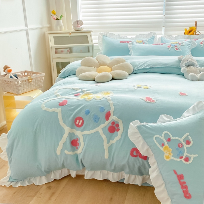 91家纺网 家纺一手货源 找家纺 泉欣 2024新款网红水洗棉毛巾绣韩版四件套可爱兔可爱兔-绿