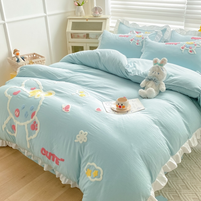 91家纺网 家纺一手货源 找家纺 泉欣 2024新款网红水洗棉毛巾绣韩版四件套可爱兔可爱兔-绿