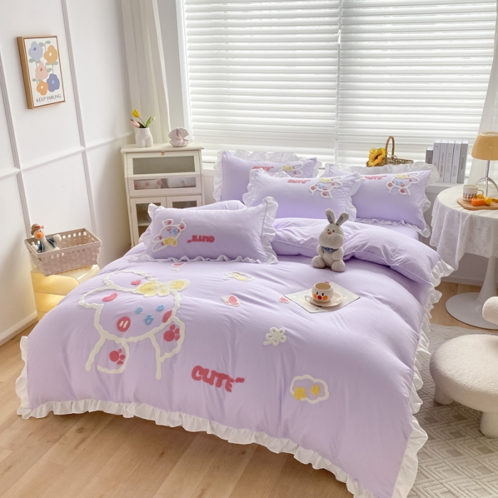91家纺网 家纺一手货源 找家纺 泉欣 2024新款网红水洗棉毛巾绣韩版四件套可爱兔可爱兔-紫