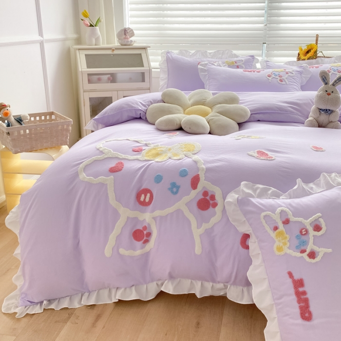 91家纺网 家纺一手货源 找家纺 泉欣 2024新款网红水洗棉毛巾绣韩版四件套可爱兔可爱兔-紫