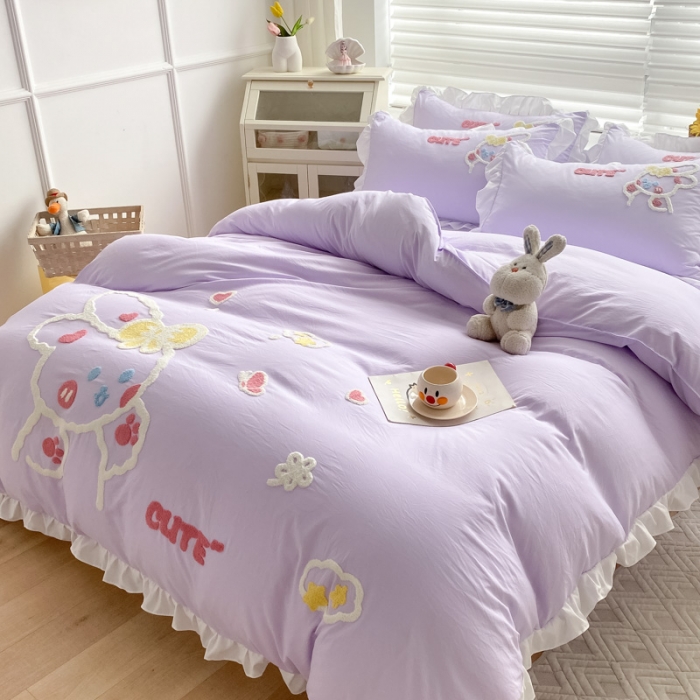 91家纺网 家纺一手货源 找家纺 泉欣 2024新款网红水洗棉毛巾绣韩版四件套可爱兔可爱兔-紫