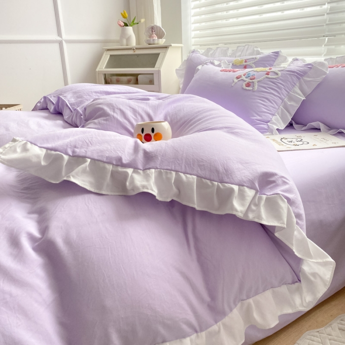 91家纺网 家纺一手货源 找家纺 泉欣 2024新款网红水洗棉毛巾绣韩版四件套可爱兔可爱兔-紫