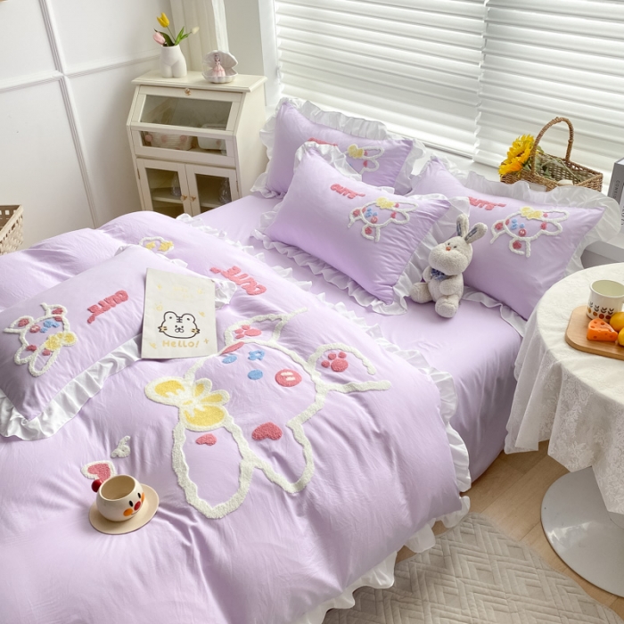 91家纺网 家纺一手货源 找家纺 泉欣 2024新款网红水洗棉毛巾绣韩版四件套可爱兔可爱兔-紫