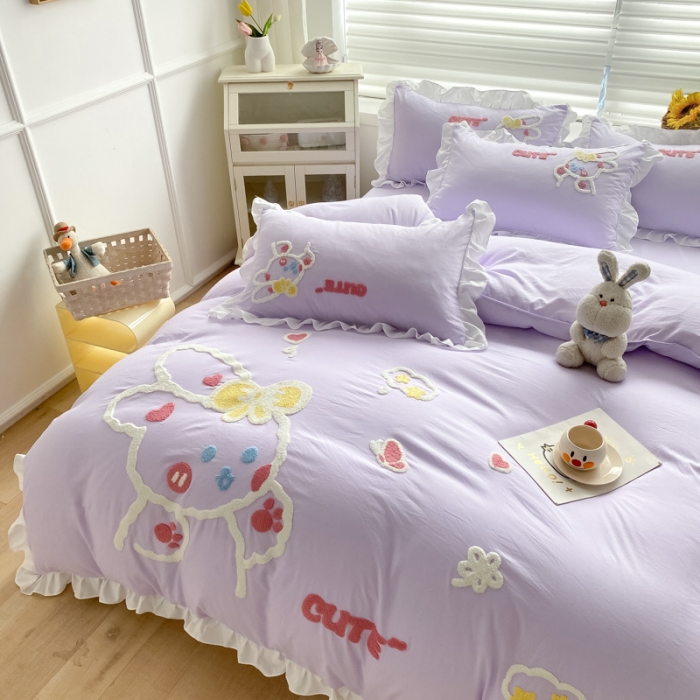 91家纺网 家纺一手货源 找家纺 泉欣 2024新款网红水洗棉毛巾绣韩版四件套可爱兔可爱兔-紫