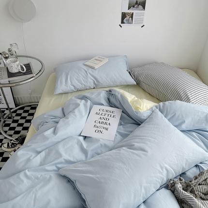 91家纺网 家纺一手货源 找家纺 优迈 新款纯色水洗棉磨毛四件套-单被套枕套床笠双拼-浅蓝芝士