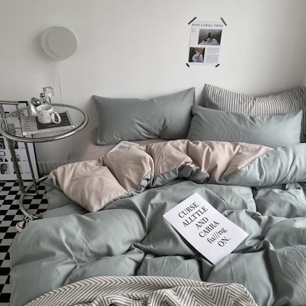 91家纺网 家纺一手货源 找家纺 优迈 新款纯色水洗棉磨毛四件套-单被套枕套床笠双拼-抹茶卡其